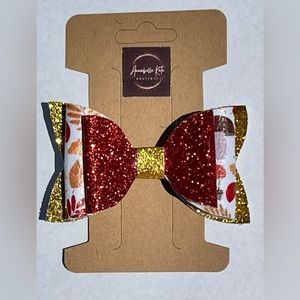 Boutique Custom Made Faux Leather Fall Design with Red & Gold Glitter Hair Bow